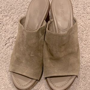 Vince. Tilda Suede Wood Wedge Mules Sandals Slides